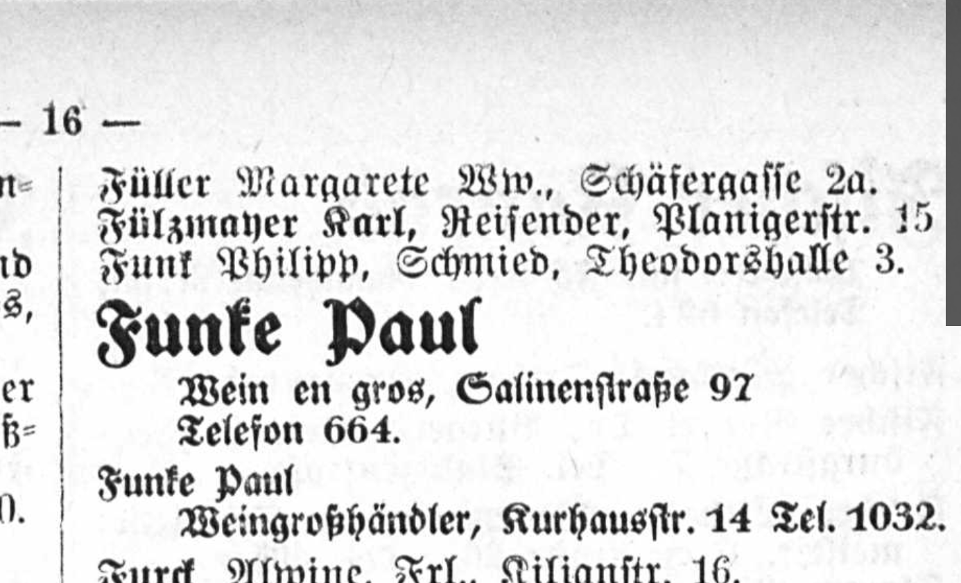 Funke Paul, wine wholesaler, Bad Kreuznach circa 1921, directory entries